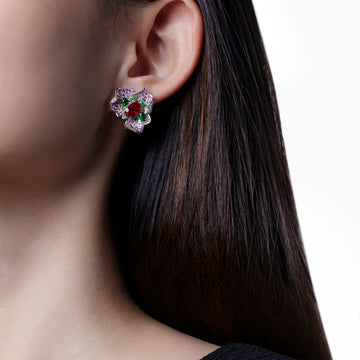 A Pair of Burmese Ruby, Garnet, Sapphire and Diamond Earrings